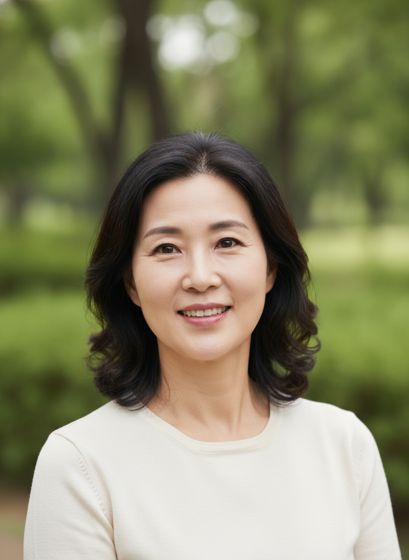 AI로 만든 가상 40대 여성의 정면 얼굴 사진 위에 이마, 눈 밑, 코 옆 볼, 팔자, 광대 위 다섯 곳의 측정 부위를 번호로 표시한 예시 화면
