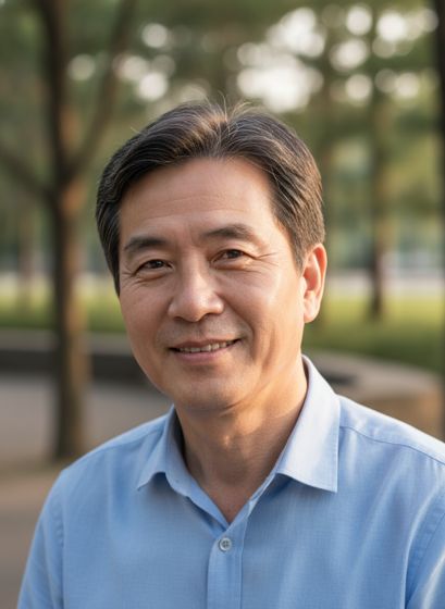 AI로 만든 가상 50대 남성의 정면 얼굴 사진 위에 이마, 눈 밑, 팔자, 턱선, 얼굴 중심선의 측정 부위를 번호로 표시한 예시 화면